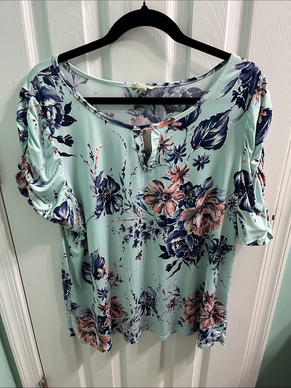 Floral Short-Sleeve Ruched Shoulder Blouse